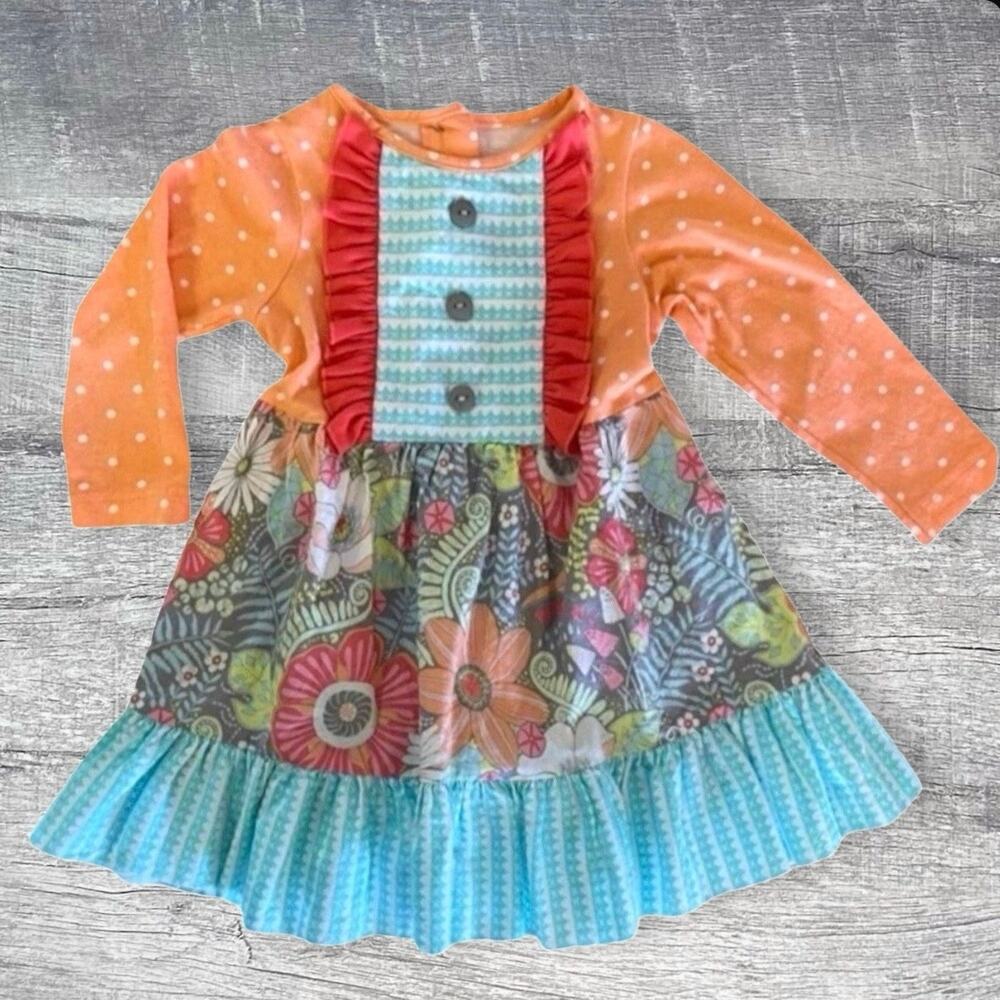Ricrac & Ruffles Mixed Pattern Long Sleeve Cotton Dress 2T Tiered Twirling Skirt